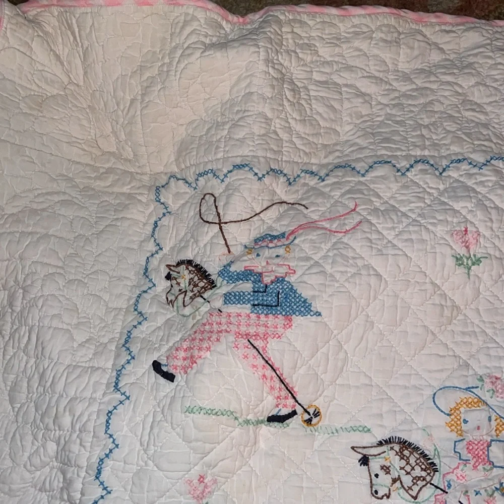 Embroidered Nursery Rhyme Quilt - White and Blue 44” x 36”